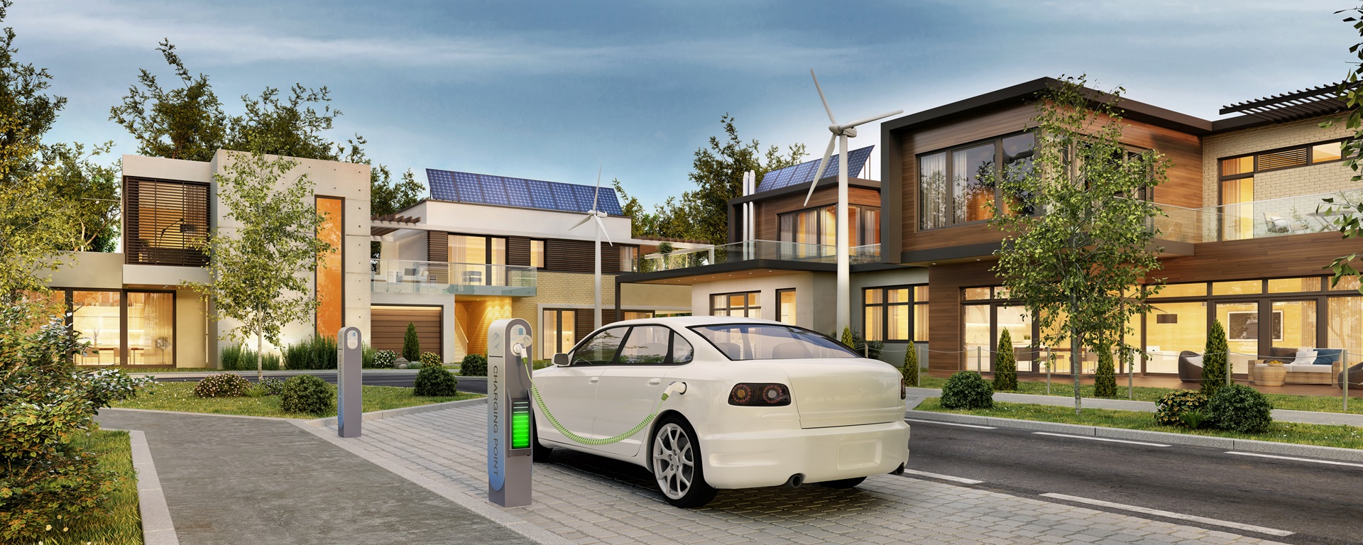 Modern houses with solar panels and electric car