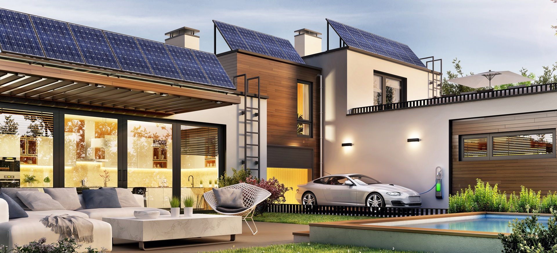 House with solar panels and electric car